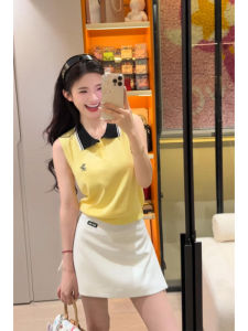 YUEZHONGWEI | เสื้อกั๊กถักสีเหลืองสไตล์ฝรั่งเศสสำหรับผู้หญิงในฤดูร้อน เสื้อเชิ้ตคอปกพิมพ์ลายแขนกุดทรงเข้ารูป เสื้อคลุมกันหนาวแบบสวมหัว