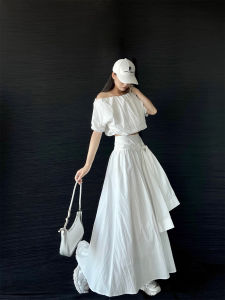 French Bubble Sleeve One Shoulder Top And Tie Waist Skirt Set Womens Fashion Summer Casual Style Cotton Blend Two Piece Set