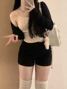 Black High Waist Straight Leg Casual Pants plus Size Slimming Bottoming Shorts Pear Shape Styling Versatile Elastic Shorts