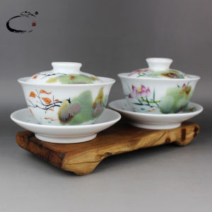 Guìhéxiáng Ceramic Tea Set Hand-Painted Lotus Pattern Gongfu Tea Bowl Yáo Biàn Handmade Ceramics Pink Lotus Large Cover Cup