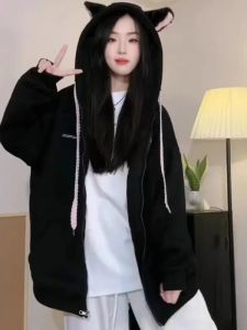 Áo Khoác Nỉ Dày Lót Lông Cừu Rộng Rãi Phong Cách Hàn Quốc Cho Nữ Mùa Thu Đông Thường Ngày Đa Năng Thoải Mái Thời Trang Áo Nỉ