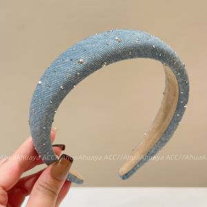 Fashionable Silver Sparkling Rhinestone Hairband Korean Style Sweet Super Fairy Blue Denim Headband Hair Clip Accessory