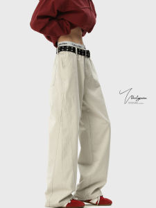 V37 Mens Casual Straight Leg Trousers Loose Fit Knife Edge Workwear Cotton High Street Style Spring Autumn Fashion