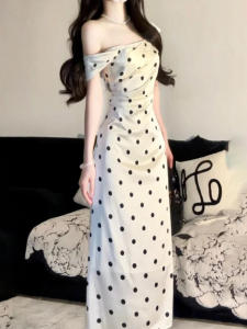 Elegant Polka Dot Shift Dress Sweet Shoulder Strap Slim Fit Long Summer Dress Fashionable Casual Travel Daily Wear H-Shape