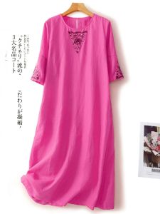 Elegant Midlife Mom Loose Linen Embroidered Dress Summer New Arrival Cotton Linen Midi Skirt High Waist A-Line Single Piece