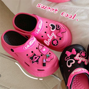 Thin Mesh Red Platform Coros Shoes Womens Summer Young Adult Heart Rose Red Cosmetic Bag Fashion Outdoor Slippers