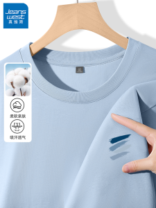 True Weave Ice Blue Long Sleeve Cotton T-Shirt Mens Loose Fit round Neck American Style Inner Wear Casual Comfortable Shirt