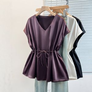 Áo Sơ Mi Satin Cổ V Tay Ngắn Giảm Cân cho Nữ
