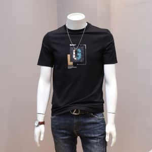 Áo Thun Nam Tay Ngắn Mùa Hè 2024 Áo Thun Cotton Dáng Ôm Cổ Tròn in Họa Tiết Sọc Phong Cách Hàn Quốc Thời Trang Thường Ngày