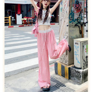 IELGY Pink checkered wide leg pants womens thin high waisted straight leg pants