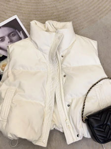 เสื้อกั๊กผ้าขนแกะแบบสั้นทรงหลวมสำหรับผู้หญิง ฤดูใบไม้ร่วง/ฤดูหนาว 2024 ดีไซน์ใหม่ คอตั้ง แขนกุด ผ้าขนแกะผสมโพลีเอสเตอร์