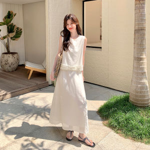 YINLUOYA | Elegant Lace Splice Vest Skirt Two-Piece Set Womens Fashion Unique Beautiful Summer 2025 Round Neck Sleeveless Outfit Set