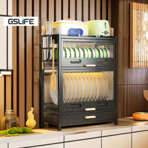 GSlife🔥🔥3Tier Kitchen Dish Rack Cabinet Organizer Dustproof and Oil Resistant Multifunctional Countertop Kitchen Plate Storage Cabinet
