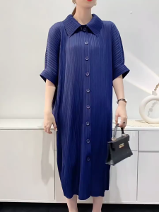 KESHANGYI Miyake Pleated Dress Womens Loose Plus Size Single Breasted Mid Length Bat Sleeve Summer Solid Color Casual Maix Dress