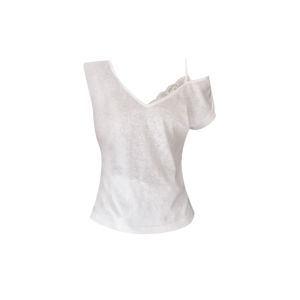 YUEZHONGWEI | White V-neck Short-sleeved Lace Patchwork Slim-fit T-shirt Korean Style Commute Unique Beautiful Waist-cinching Summer Top