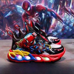 Spiderman Kids Running Shoes with Light-Up Buttons Anti-Slip Lightweight EVA Sole Low Cut Slip-On Sports Shoes for Boys