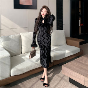 Váy Dài Cạp Cao Bằng Vải Nhung Tay Dài Gợi Cảm Phong Cách Trung Hoa Cổ Điển Váy Dài Đến Giữa Bắp Chân Váy Cưới Thường Ngày