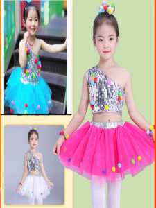 Childrens Performance Outfit Dance Dress Cute Tulle Skirt with Shiny Sequins One Jumping Candy Dream Train Girls Clothing