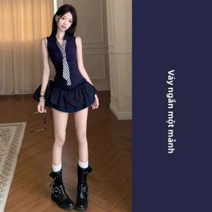 Homecore | Bộ váy và áo không tay mùa hè phong cách Hàn Quốc Homecore dành cho nữ Bộ váy ngắn chữ A cạp cao màu trơn thường ngày
