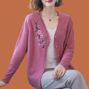 Erdos 100 Pure Cashmere Womens V-neck Sweater Embroidered Lace Open Cardigan Korean Style Loose Fit Autumn Fashion Outerwear