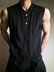 ZHUOCAN | Black Tree Pattern Henry Collar Sleeveless T-Shirt for Men Summer Sport