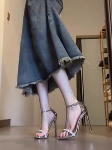 Silver Strap Open-Toe Sandals Womens New 2025 Fine Heel Diamond Design Fairy Style Bed High Heels Low Help Glue Bonding Shoes