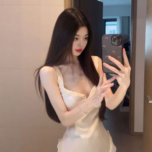 French Elegant Style Off-Shoulder Acetate Satin Long Dress with Lace Trim Slim-Fit A-Line Silhouette V-Neck Backless Summer Dress