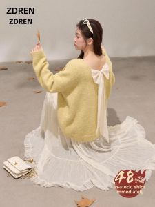 ZHANGDAREN | Trang Phục Nữ Dành Cho Người Mập Gọn Gàng Khí Chất Nơ Áo Len và Chân Váy Trắng