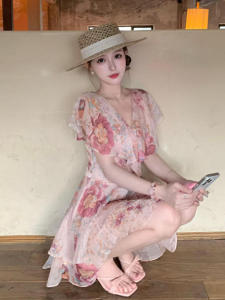 Sweet V-neck Ruffle Hem Dress Summer Tea Break Floral Print Slimming Waist Short Sleeve Womens Fashion Gentle Style