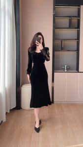 Đầm Body Đuôi Cá  Xẻ Tà- RO134 Đầm Nhung Hai Da PHối Ren Sang Trọng M L XL XXL