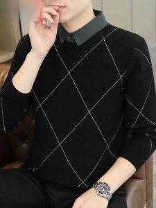 HENGYUANXIANG | Hengyuanxiang Mens Thickened Slim Fit Knitted Shirt Collar Sweater Striped Fake Two-Piece Autumn Winter Fashion Casual Long Sleeve