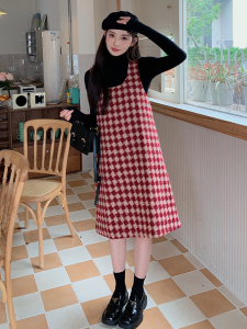 Autumn Winter Plaid Wool Blend Mini Dress Womens Knitted Sweater Vest Set Fresh Sweet Style Long Sleeve Midi Skirt