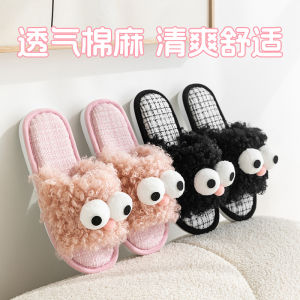 Spring 2025 Womens Breathable Linen Slippers Indoor Outdoor Wear Soft Bottom Anti-Slip Cute Ins Style Home Comfortable Slippers