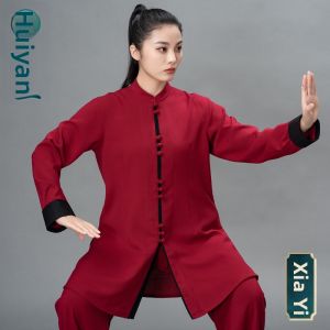 New Wine Red Long Sleeve Tai Chi Uniform Performance and Training Suit Spring Autumn
