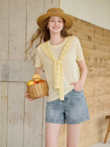 XIANGYING | Striped Short Sleeve Knitwear Lace Collar False Two Pieces Thin Top