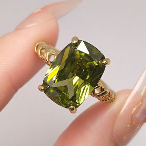 Olive Green Crystal Square Stone Opening Rings For Women Vintage Gold Color Engagement Bands August Birthstone Wedding Jewelry