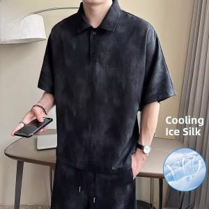 ROMON | Romon Mens Casual Sports Polo Shirt Set Summer Thin Ice Silk Collar Short Sleeve Shorts Two Piece Trendy Polyester Fiber