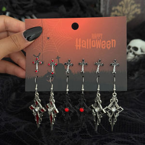 Salircon 6Pcs/set Vintage Gothic Oil Dripping Cross Drop Earring Women 2025 Creative Halloween Party Earring Jewelry Accessories