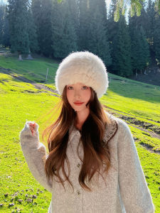 หมวกขนสัตว์กระต่ายกันลมหนาสองด้าน ผู้หญิง ฤดูใบไม้ร่วง ฤดูหนาว สีขาว ปุย อุ่น หมวกปิดหู ทันสมัย เครื่องประดับศีรษะแสนสบาย