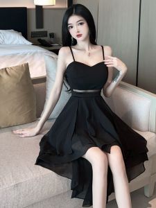 ชุดเดรสคอฮอลเตอร์เซ็กซี่สไตล์ฝรั่งเศส ชุดราตรีเอวสูงไม่สมมาตร แขนกุด ผ้าโพลีเอสเตอร์ กระโปรงทรงเอ สีพื้น