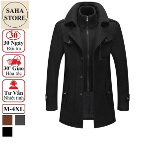 Áo khoác nam cao cấp SAHA24 dạ len lông cừu ấm big size to đại 80kg 90kg màu đen nâu xám manto măng tô dáng ngắn