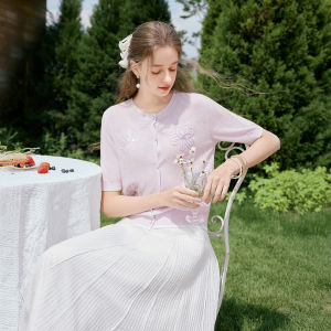 XIANGYING | Lavender Purple Short Sleeve Knit Cardigan New Summer Style Floral Embroidery Round Neck Commuter Top
