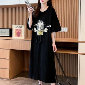 plus Size Womens Long Cotton T-Shirt Dress Korean Style Summer New Arrival Short Sleeve Slit Maxi Dress Casual Comfortable