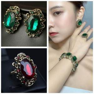 Hoa Tai Ngọc Bích Xanh Lá Cây Lớn Thời Trang Cho Nữ Ba Món Trang Sức Thời Trang Hợp Kim Bạc Vàng Hoa Lá Cây Mới Về