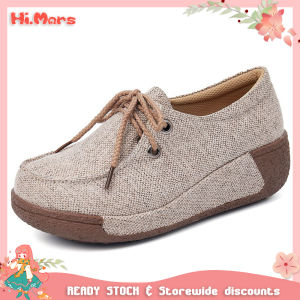 Korean Style Women Chunky Heel Platform Sneakers 5cm Thick Canvas Casual Shoes Black Wedge Loafer Design Fashion Comfort Walking Shoes