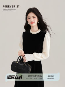 Forever 21 Hepburn Style French Velvet Dress 2025 New Autumn Black Elegance Long Sleeve Dress Korean Version A-Line Skirt