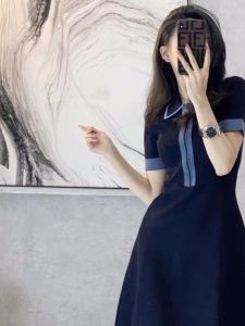 Retro Polo Neck Ice Silk Knitted Dress Womens Summer New Style French Waist Cinched Midi Skirt Commute Elegant Slim Fit Short Sleeve