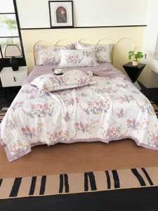 DORAMILL Washed Ice Silk Floral Comforter Fitted Bedsheet Set 4in1 Queen & King Grade A Material BSL