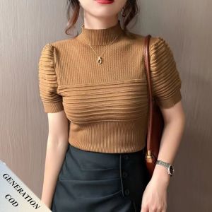 Half High Neck Short Sleeved Knit Top Women Bubble Sleeves Summer Slim Fitting T-shirts