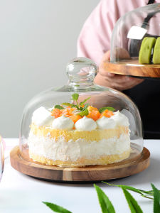 Rotate Wooden Cake Plate Acacia Mangium Plate Dish Pizza Dessert Display Tray Glass Cover with Lid Trial Plate